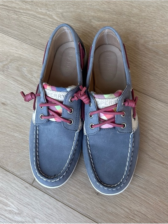Sperry Shoes - Sperry Lt blue and Plaid Boat Shoes with Pink Laces and Multicolor Tongue